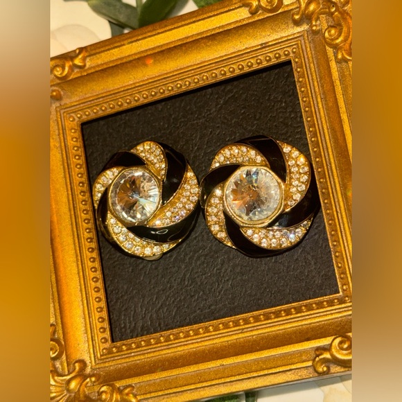 VTG Black Enamel and Crystal Swirl Earrings - Picture 9 of 16